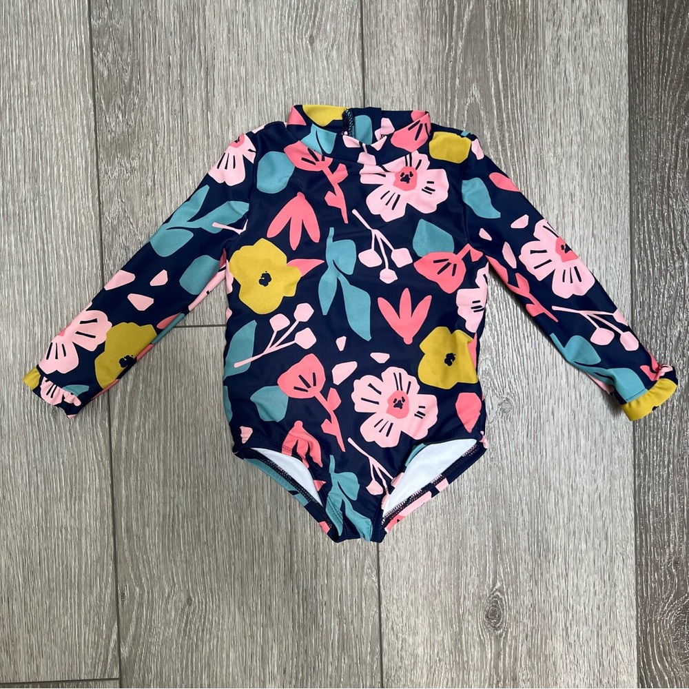 CARTERS LONG SLEEVE ONE PIECE RASHGUARD SWIMSUIT BLUE 12MO